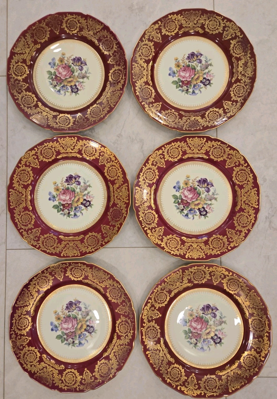 6 Rosenthal Ivory China 10.5″ Plates Maroon Gold Border Floral Center Scalloped