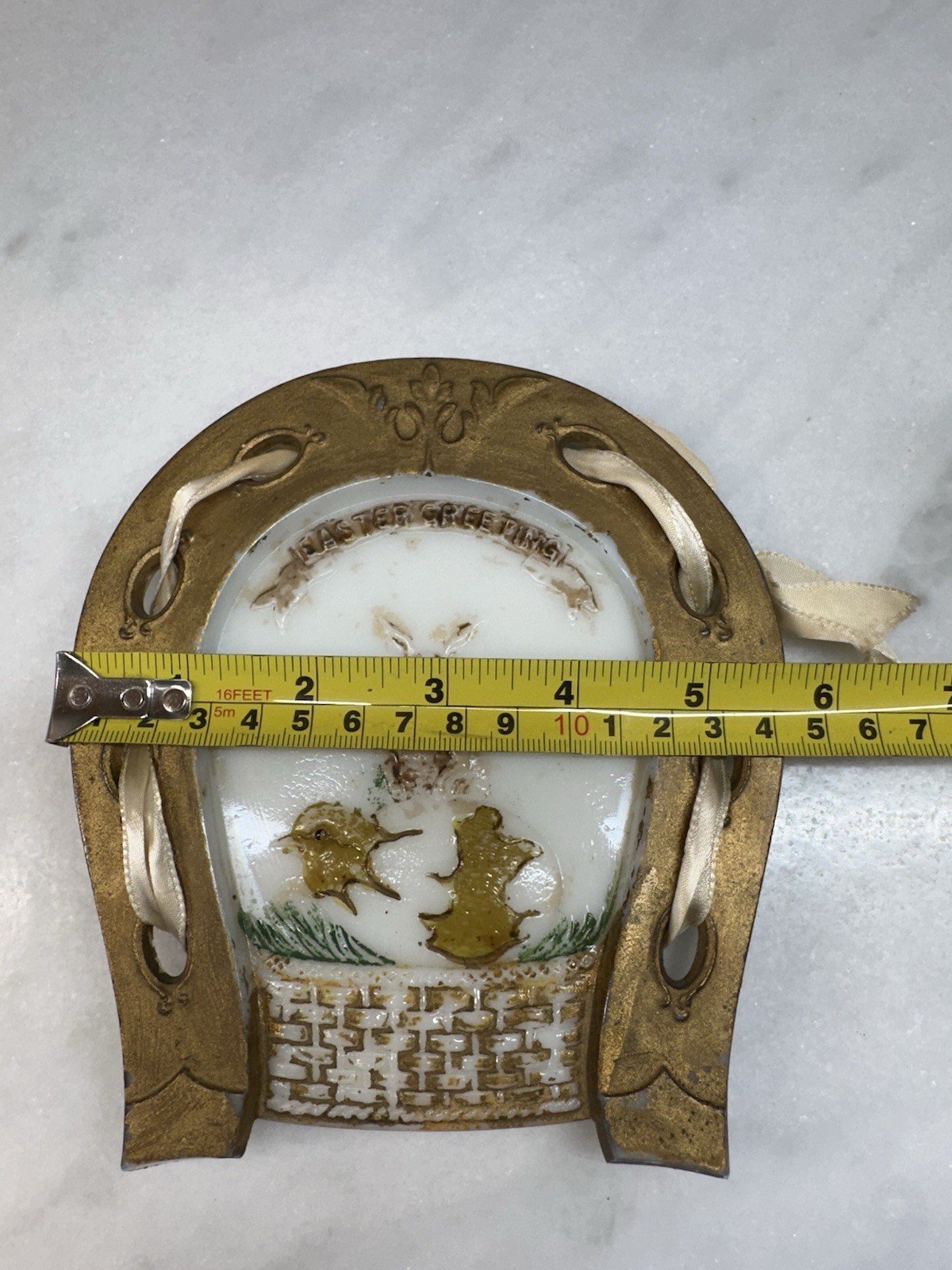 P.L. Co. Antique Pressed Milk Glass Easter Horseshoe Hanging Plaque Bunny Chick