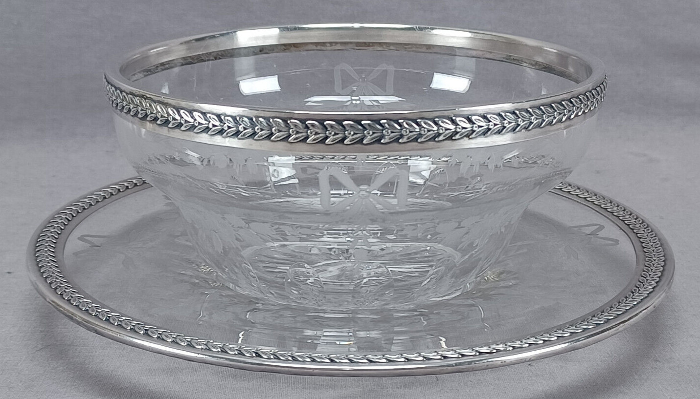 Emile Langlois Paris Engraved Rose Bows Glass Silver Rimmed Bowl & Under Plate