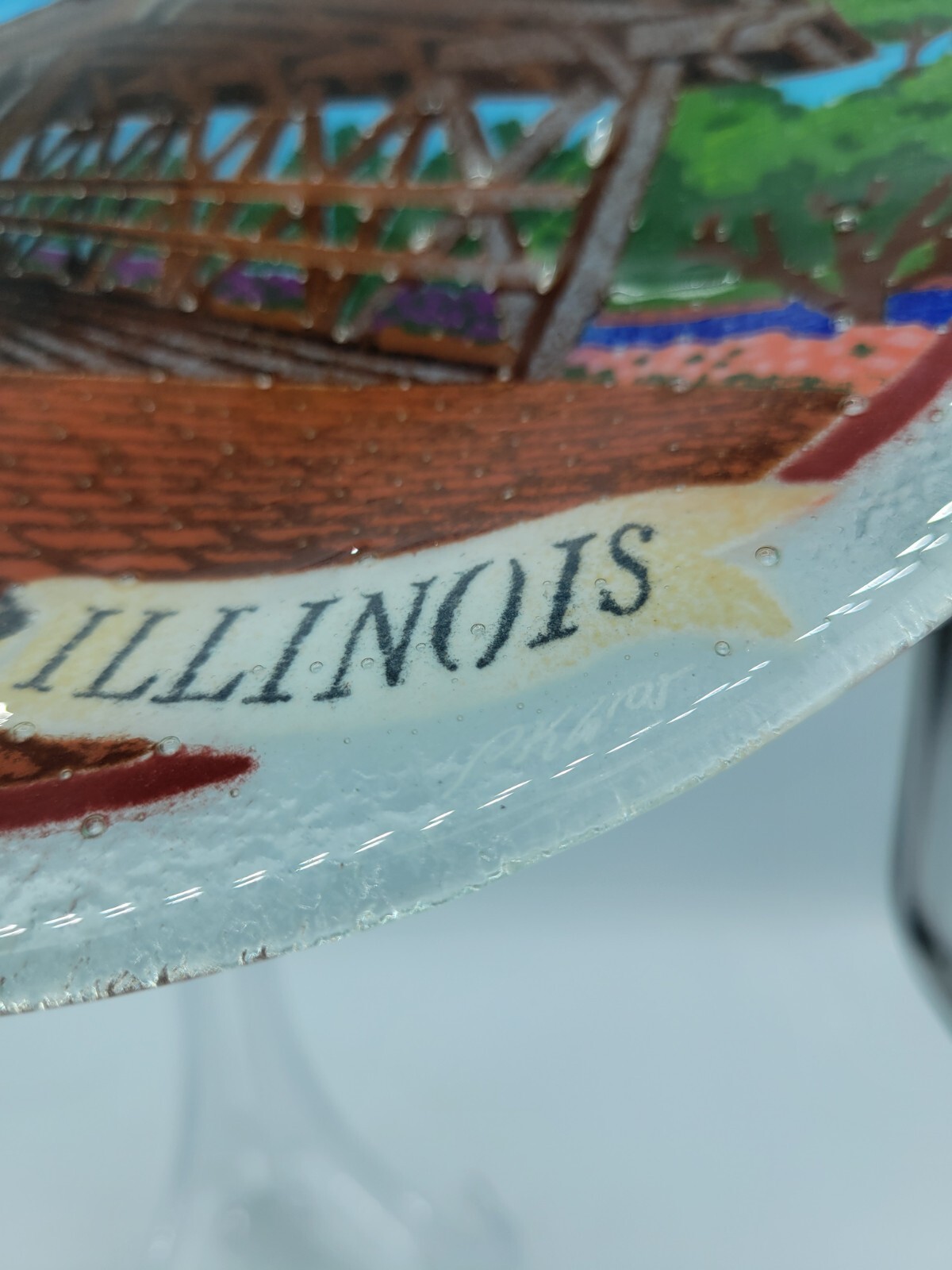 Peggy Karr Naperville Illinois Covered Bridge Fused Art Glass Plate Signed 11″