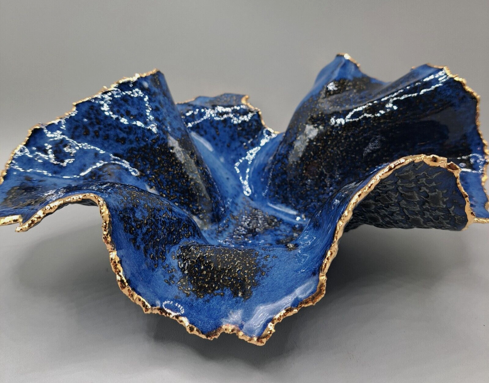 Freeform handkerchief Pottery Bowl Blue Unsigned Cobalt/Gold Trim OrganicTexture