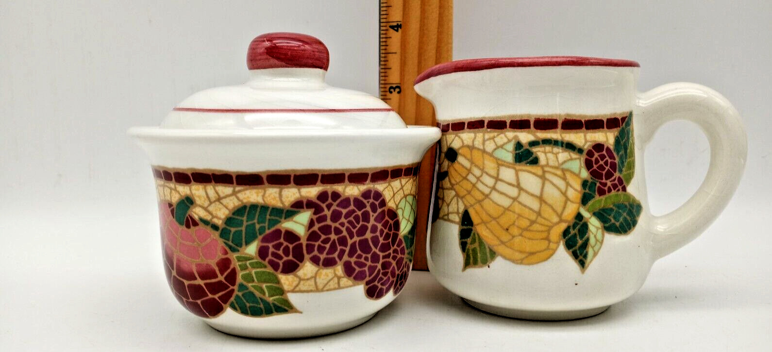 Pier 1 Set Creamer & Sugar w/Lid Mosaic Fruit Pattern Ceramic Earthenware-Italy