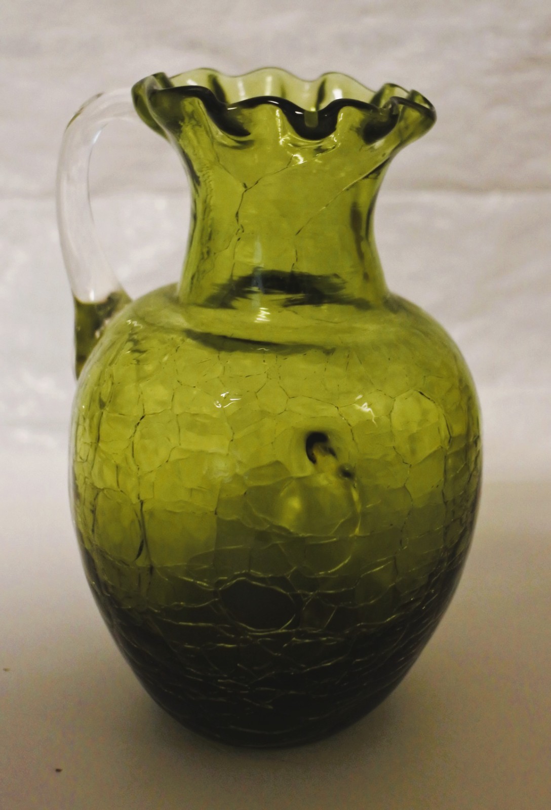 Olive Green Crackle Art Glass Jug Pitcher Hand Blown by Pilgrim Lot of 2