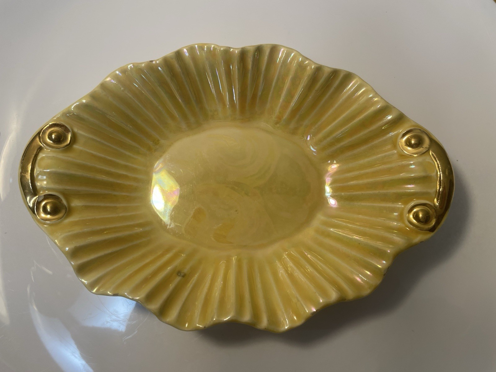 Vintage CG USA Yellow Lusterwear Trinket Candy dish Warranted 22 Kt Gold Trim