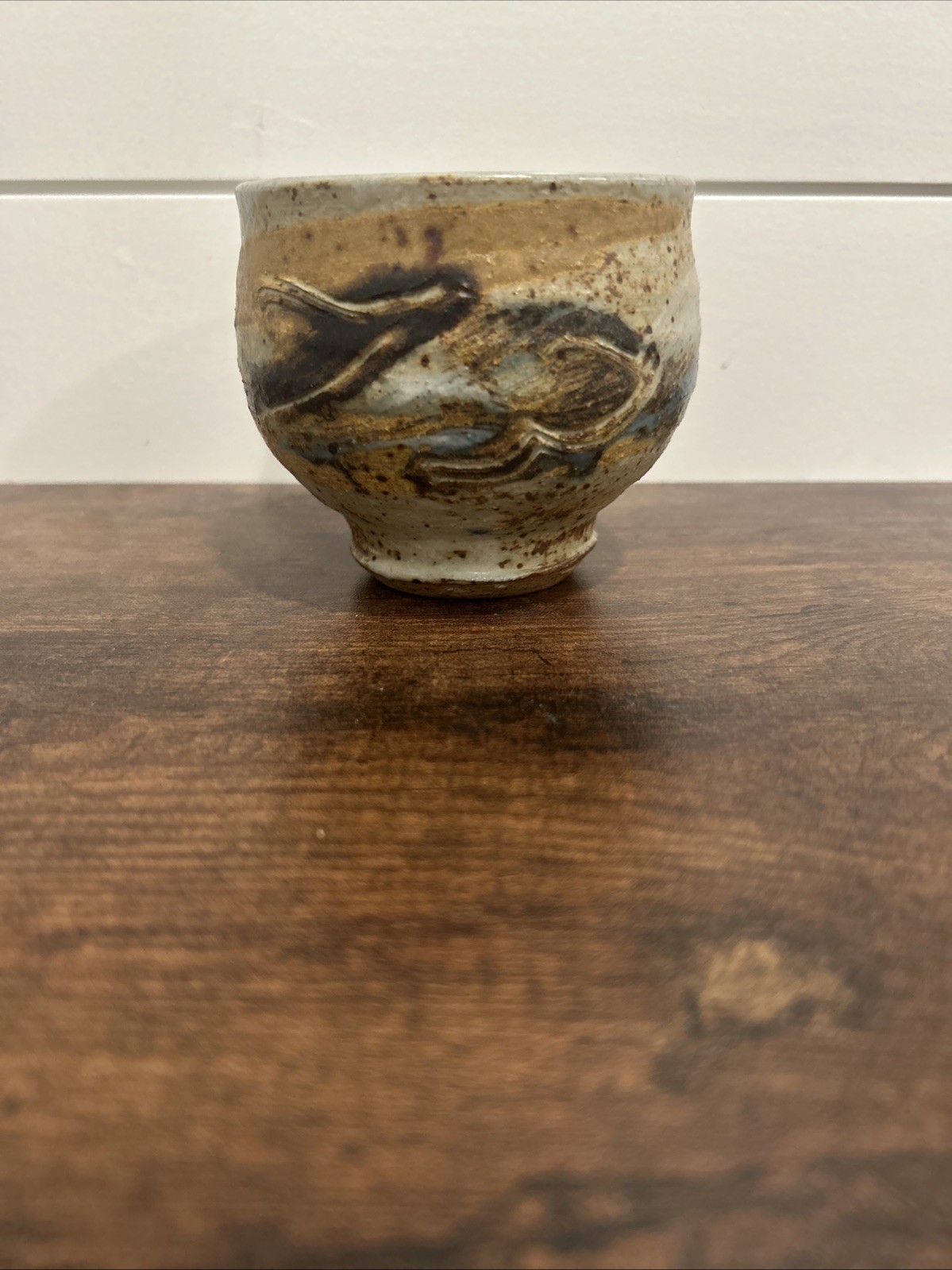 Pottery Tea Tea Bowl/Cup Signed Etched Abstract Blue, Gray, Brown, Tan
