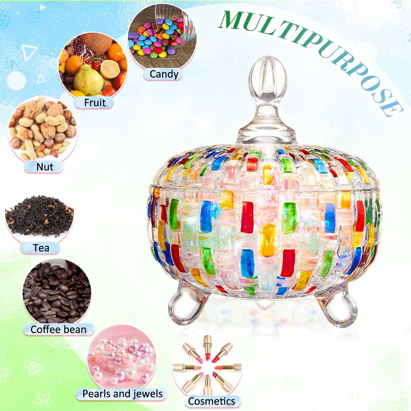 2 Pcs Colorful Crystal Candy Jars, 24oz Large Cute Glass Candy Dishes with Li…