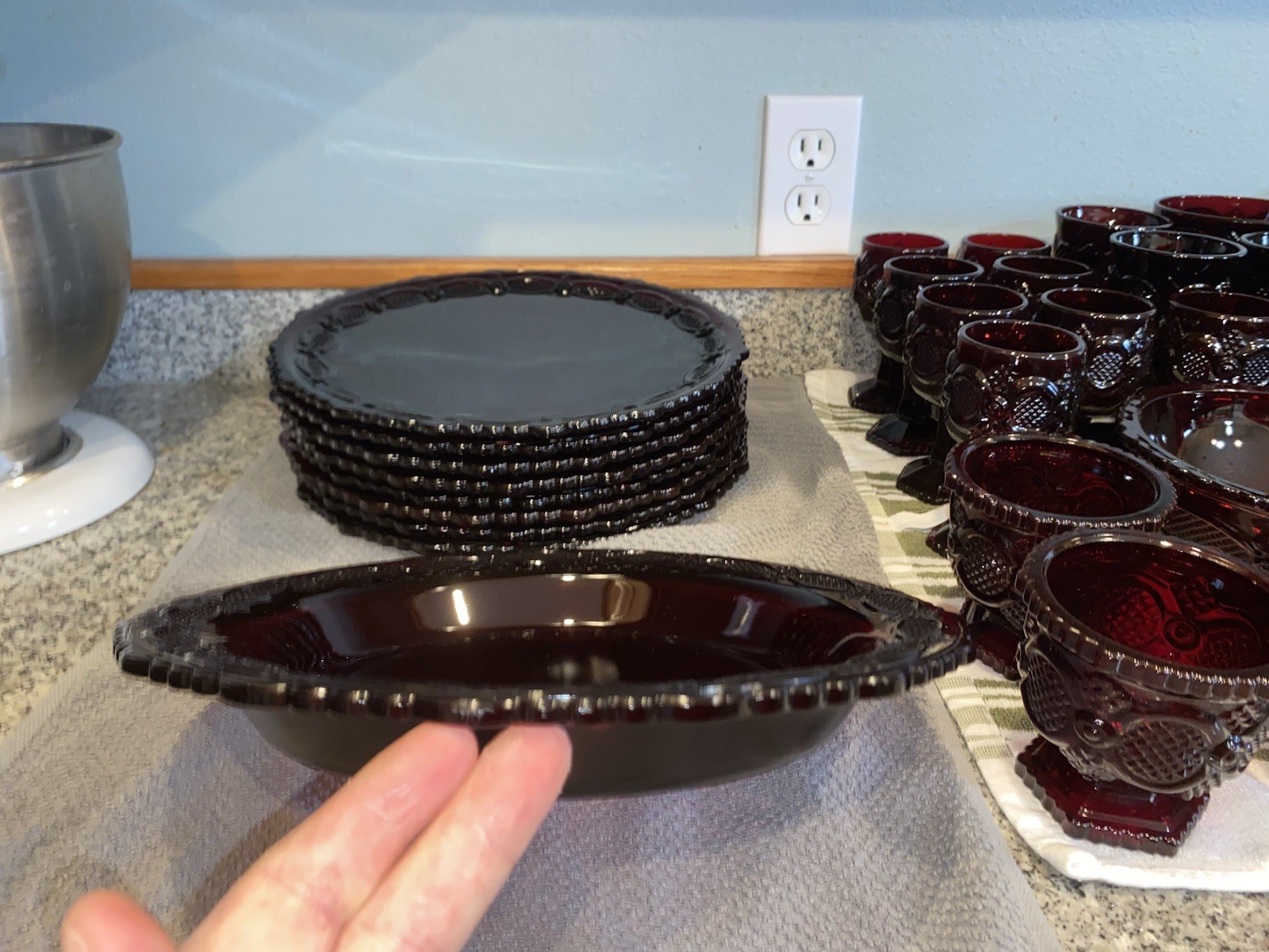 Dark Red Pressed Glass Dinnerware Set Plates Goblets Mugs Bowls Butter Dish