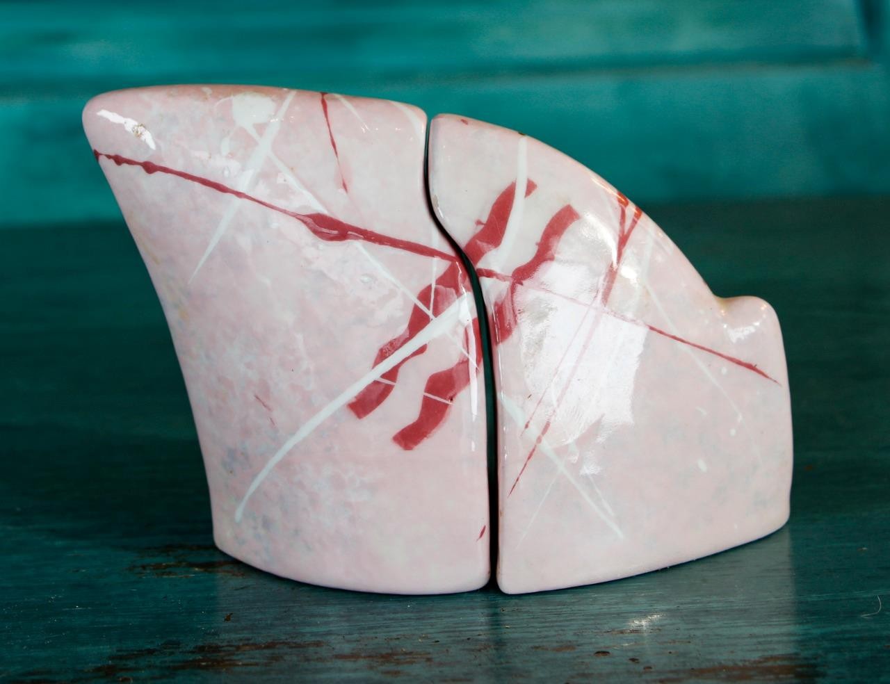 Set/2 Vintage Art Pottery Asymmetrical Fitted Pink Splatter Salt Pepper Shakers