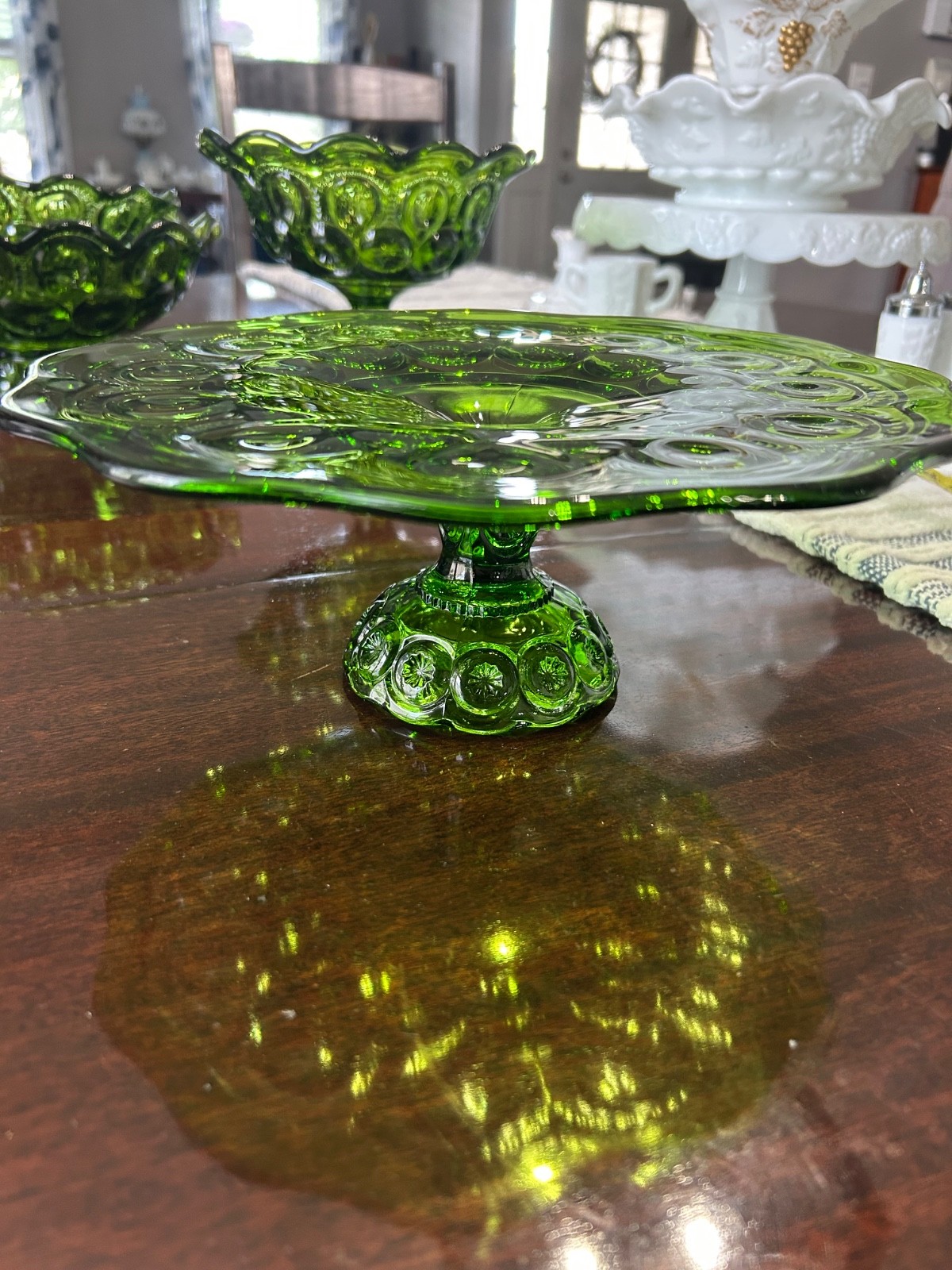 Vintage 4pc L.E. Smith Green Moon & Stars Set Cake Pedestal 2 Bowls 1 Compote
