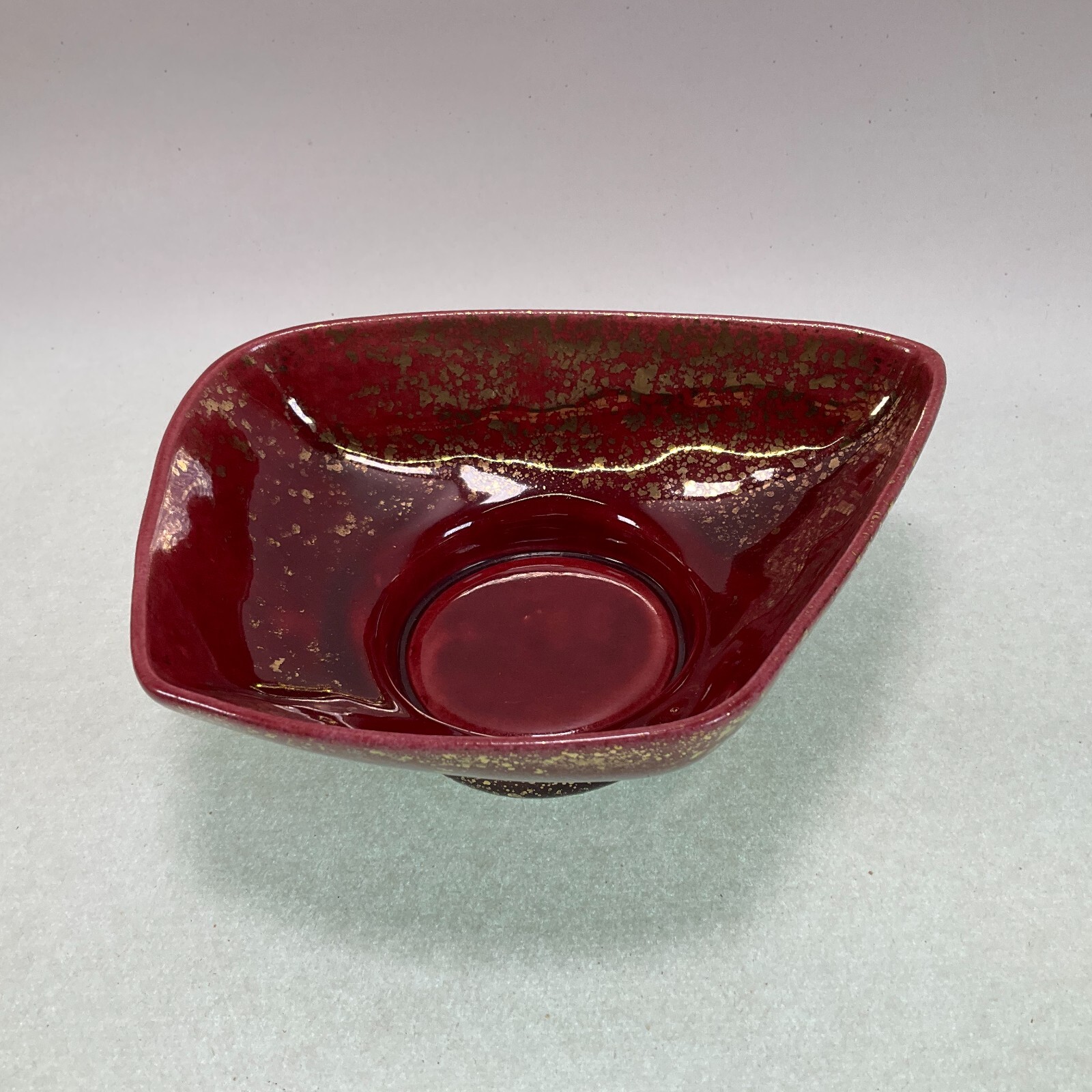 Mid Century Gold Spatter Burgundy Asymmetrical Bowl #8804 Vintage MCM