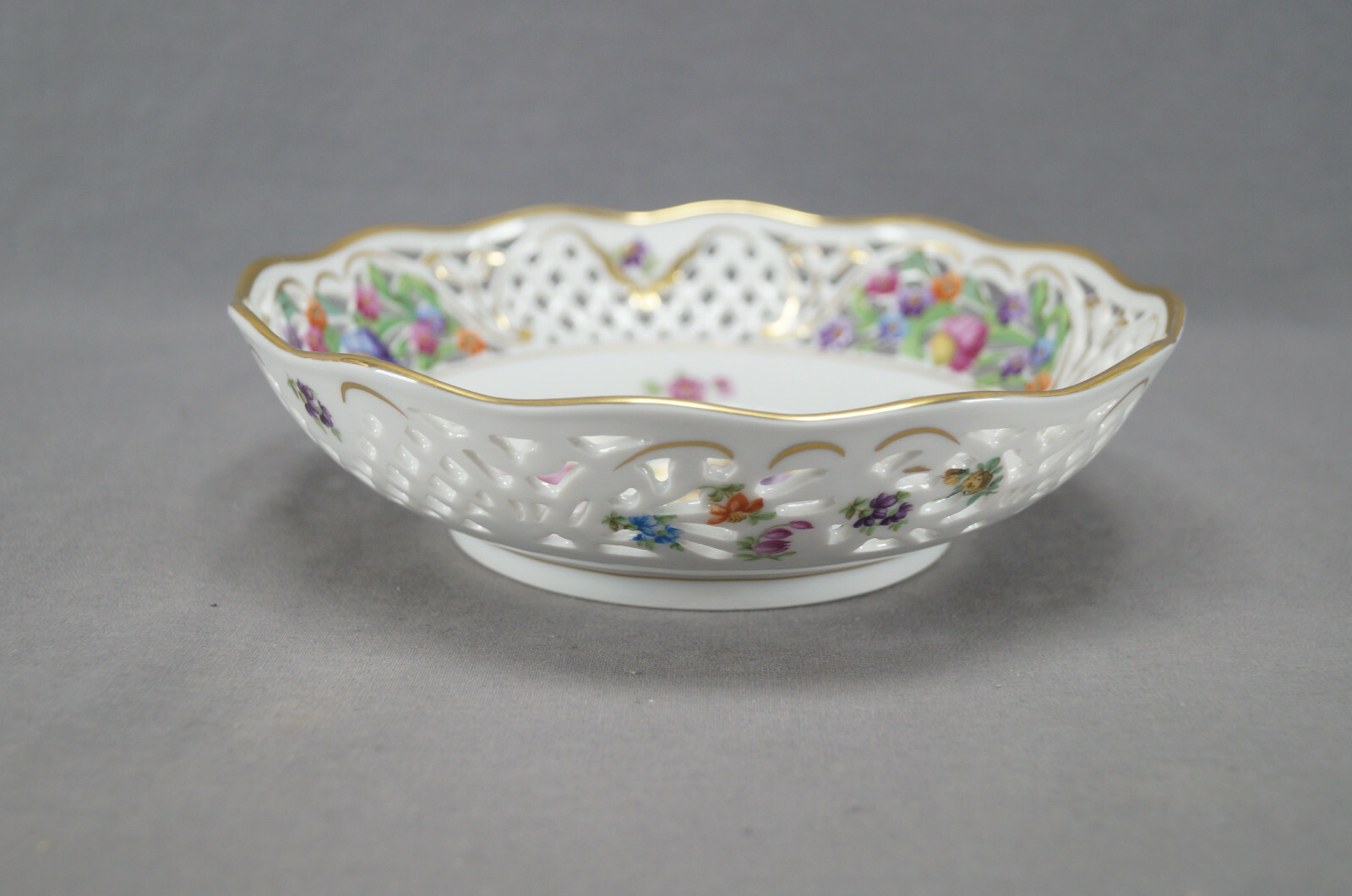 Carl Schumann Dresden Flowers & Gold Reticulated 8 1/8 Inch Bowl Circa 1932-1944