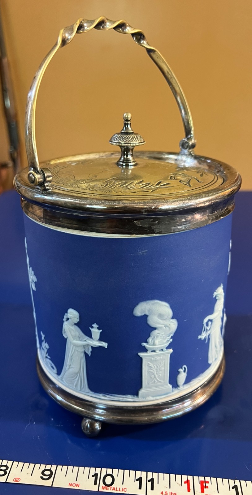 WEDGWOOD Dark Blue Jasperware Lidded Biscuit Barrel
