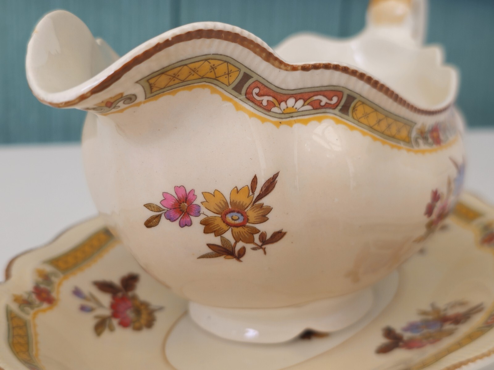Gravy Boat & Plate Old Staffordshire Pareek Rouen By Johnson Bros 1920s Antique