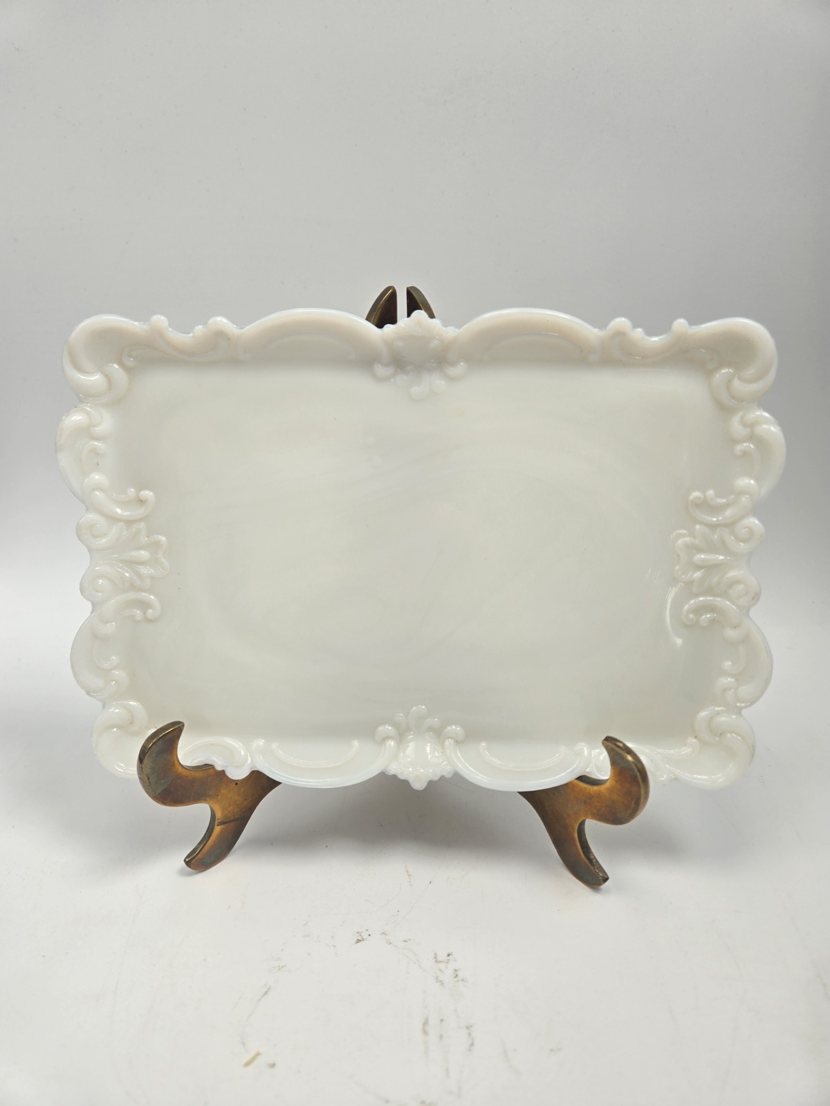 Vintage Milk Glass Rectangular Tray Ornate Rococo Scrollwork Victorian Edge