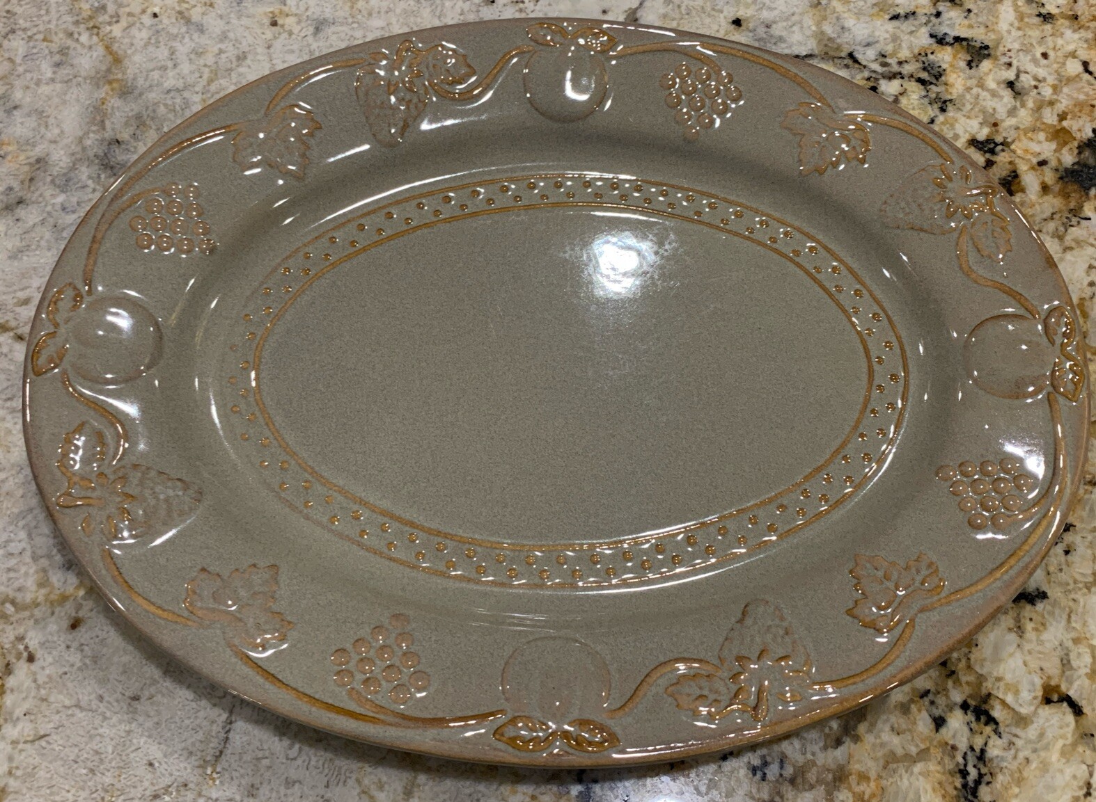 Vintage Stoneware Platter Large Oval Heavy Beige Fruit Embossed 14×11