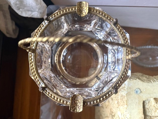 Rare Handled French Octagon Beveled Lead Crystal Gilt Bronze Bowl Griffin Feet
