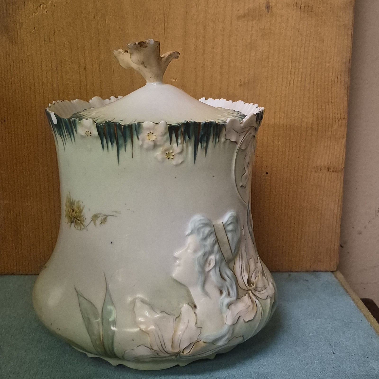 Antique RS Prussia Hidden Image Porcelain Biscuit Cracker Jar Art Nouveau