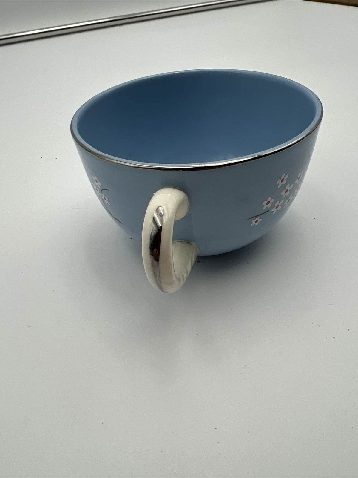 Vtg Homer Laughlin Kraft Blue White Floral Platinum Trim ~ Tea Cup ~ USA