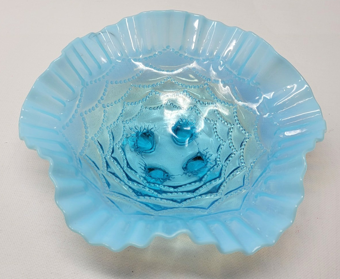 ANTIQUE NORTHWOOD BEADED DRAPES BOWL BLUE OPALESCENT 1905 RUFFLE PATTERN 4 Feet