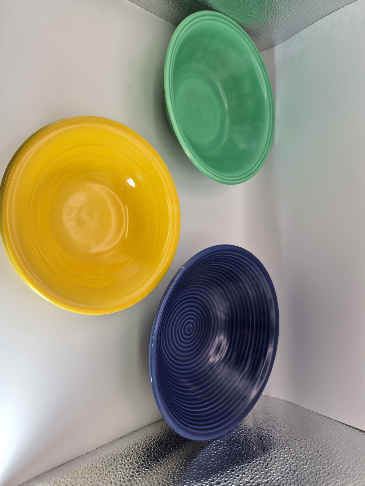 4 Vintage Ceramic Primary Stoneware Bowls Unmarked ~Cobalt Blue ~Green ~Yellow