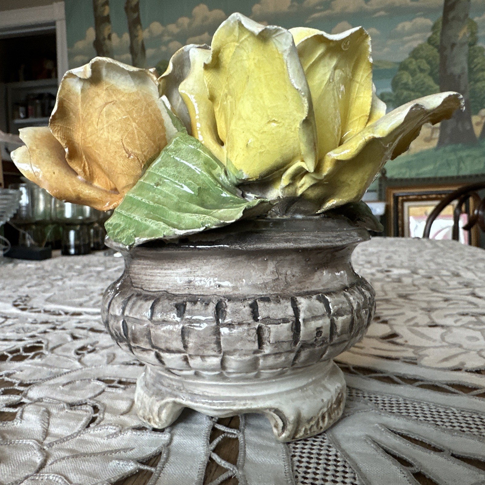 Vintage 1950’s Italian Capodimonte 3 Rose Floral Bouquet Footed Centerpiece
