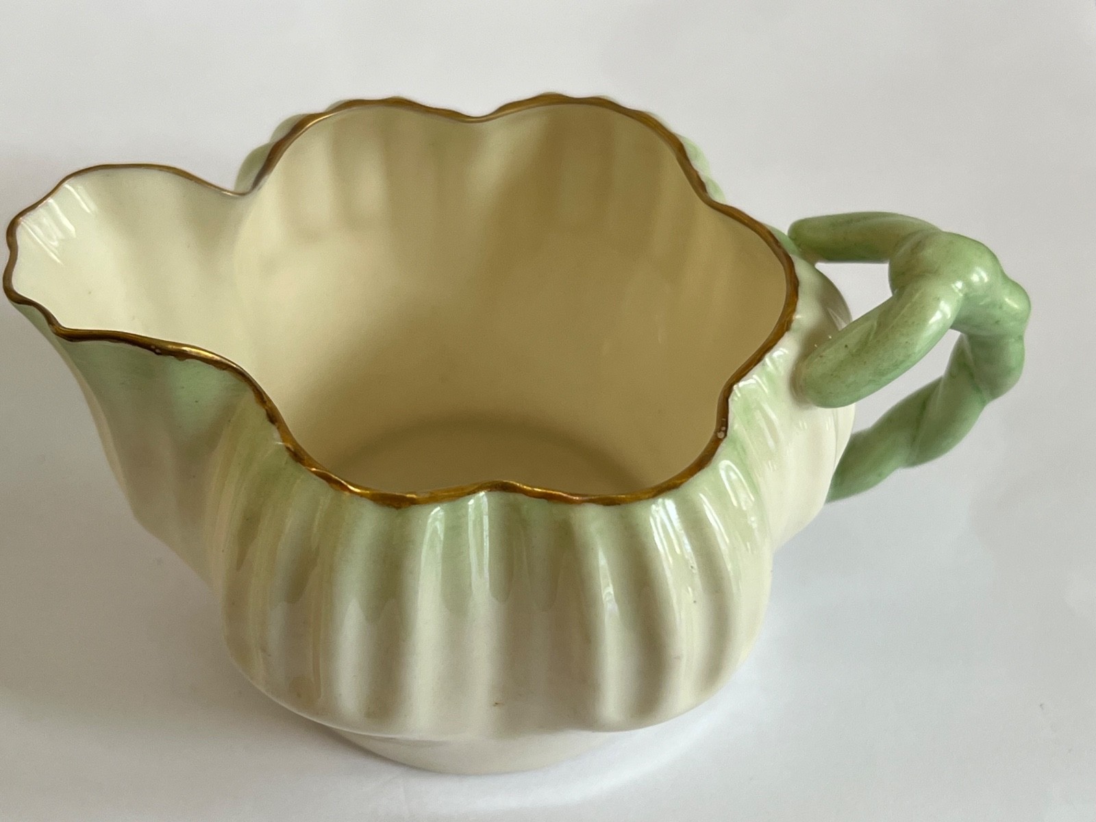 IRISH BELLEEK Creamer & Sugar HEXAGON w/Green Tint & Gilt Edge 2nd Black Mark