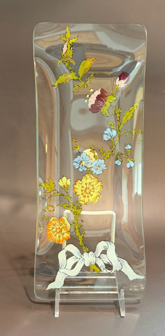 VTG Dorothy Thorpe Serving Dish Platter Hand Painted Floral Motif White Bow MCM