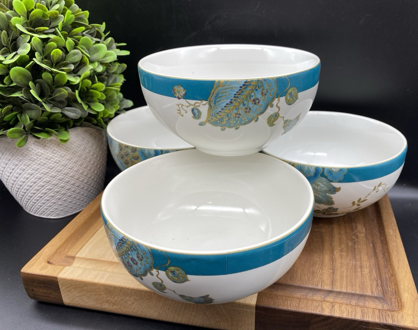 222 FIFTH Eliza Teal FINE PORCELAIN 5.50″ x 3″ Soup Bowls (SET OF 4) NEW