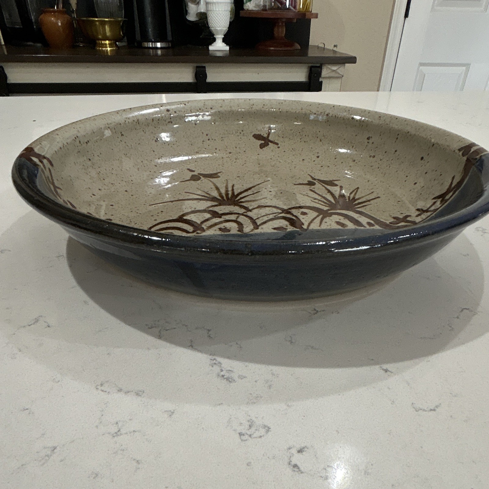 Sandy Gekosky 1997 Signed Studio Pottery Bowl Blue Landscape Birds 10.25”