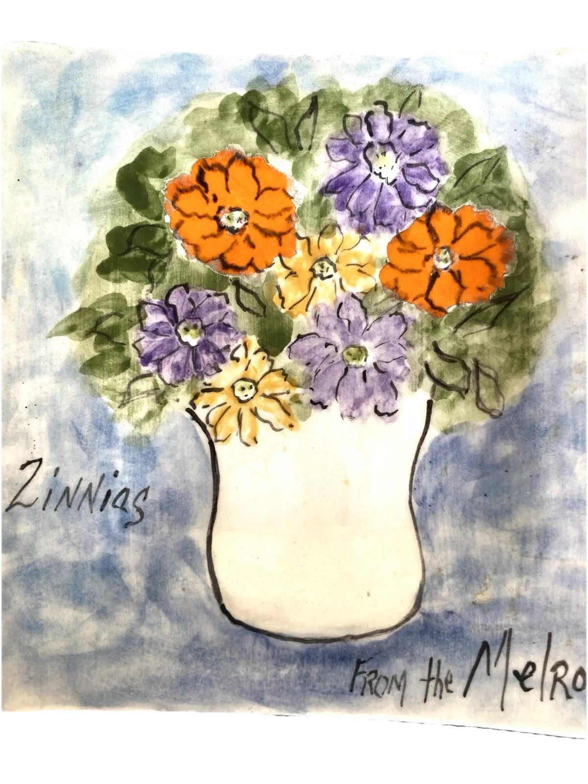 Square Dish Hand Painted Flower/Zinnias Still Life by Lori Ellyn 6-1/2″