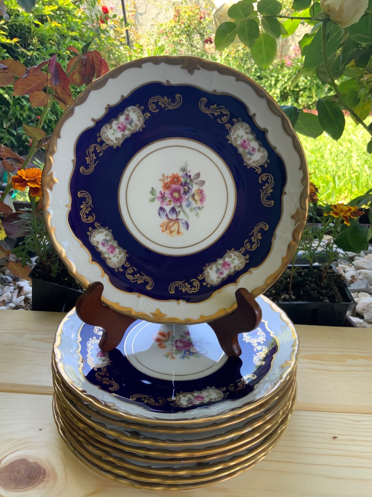 Vintage Reichenbach Echt Kobalt Cobalt Blue Floral Round Plate set of 8
