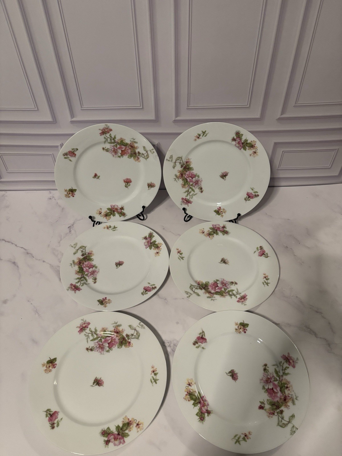 Limoges France Floral Porcelain Plates White Pink Green Salad Plates Set of 6