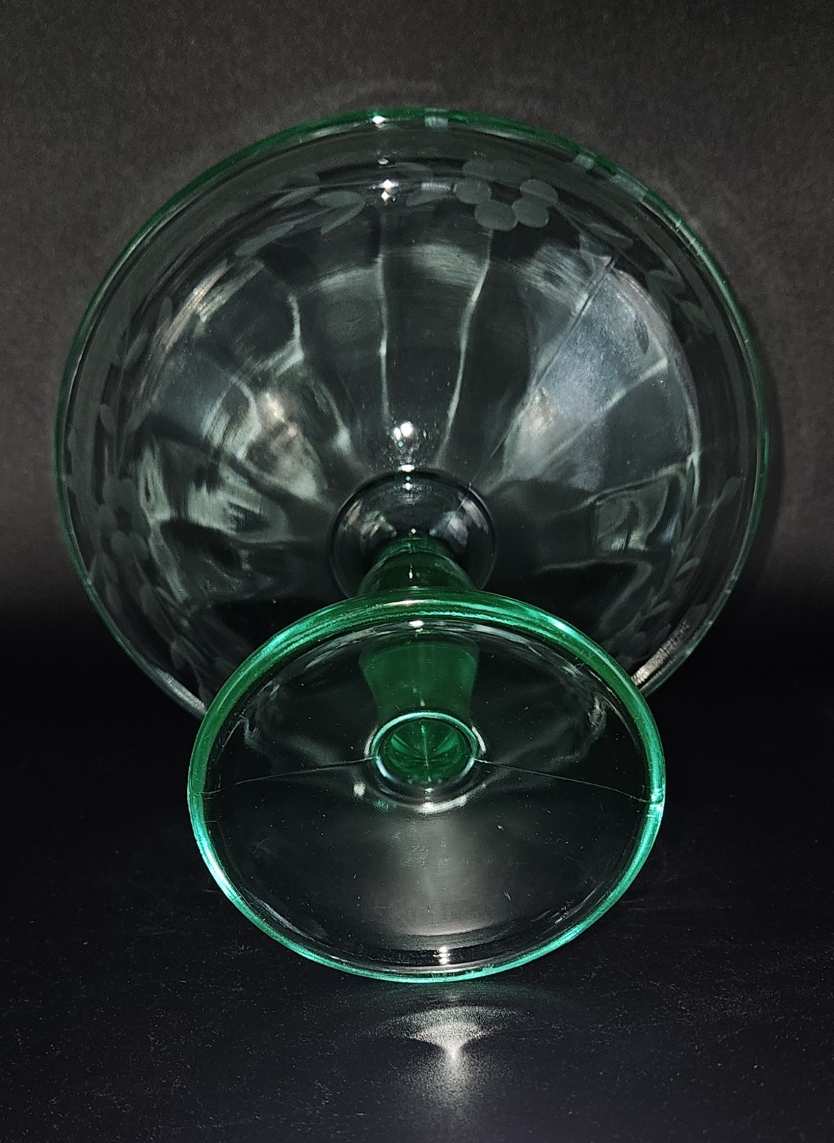 Green Depression Etched Vaseline Uranium Candy Dish Glass Pedestal Compote