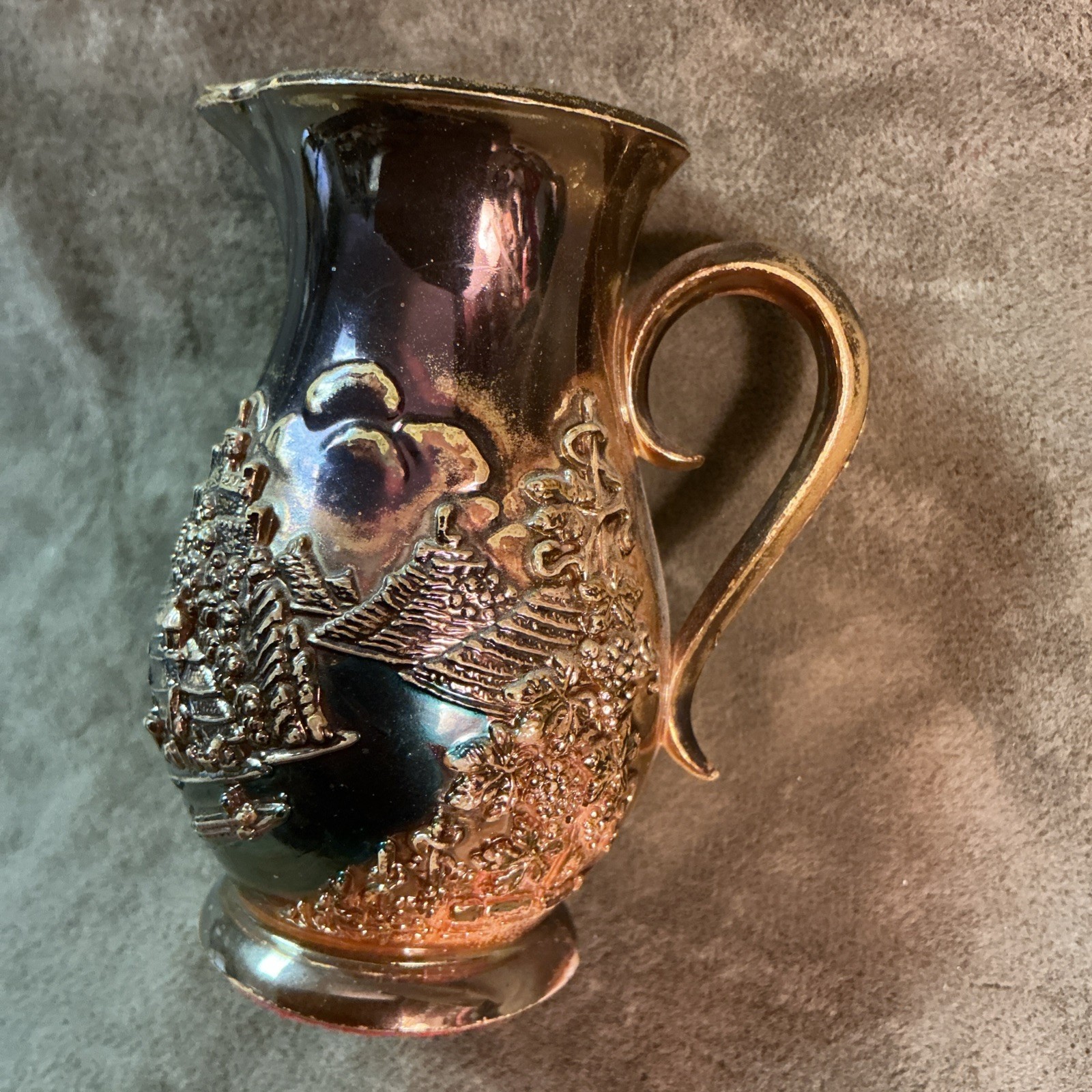 19th century Victorian sm Potter lusterware oriental theme souvenir pitcher Vase