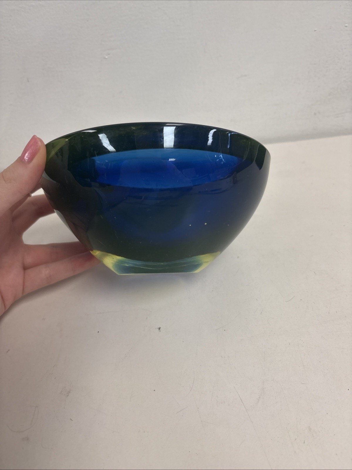 Cenedese Cobalt Blue and Yellow Sommerso Geode Murano Glass Bowl