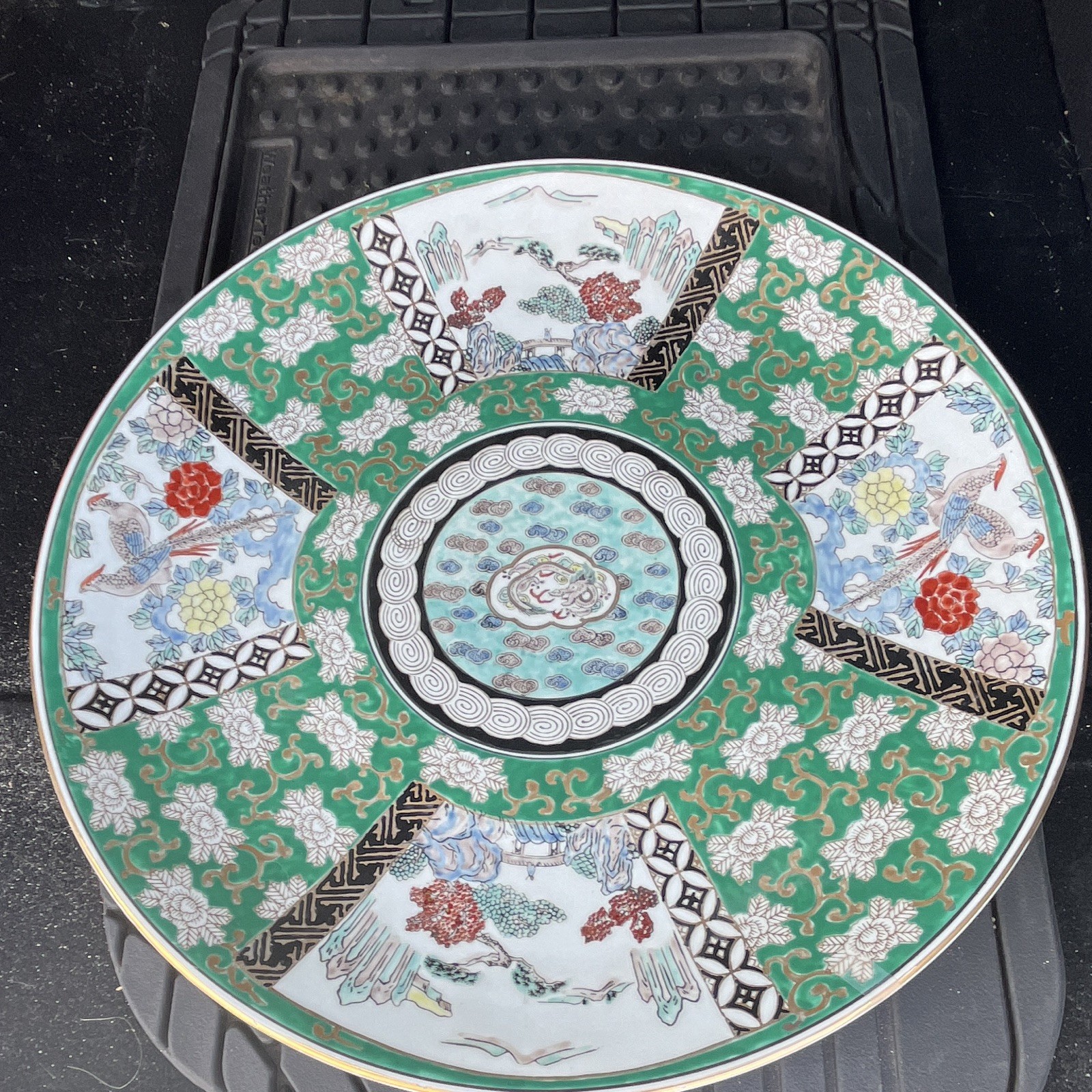 17” Gold Imari Green Imari Decorative Plate Glossy Ceramic Birds Floral