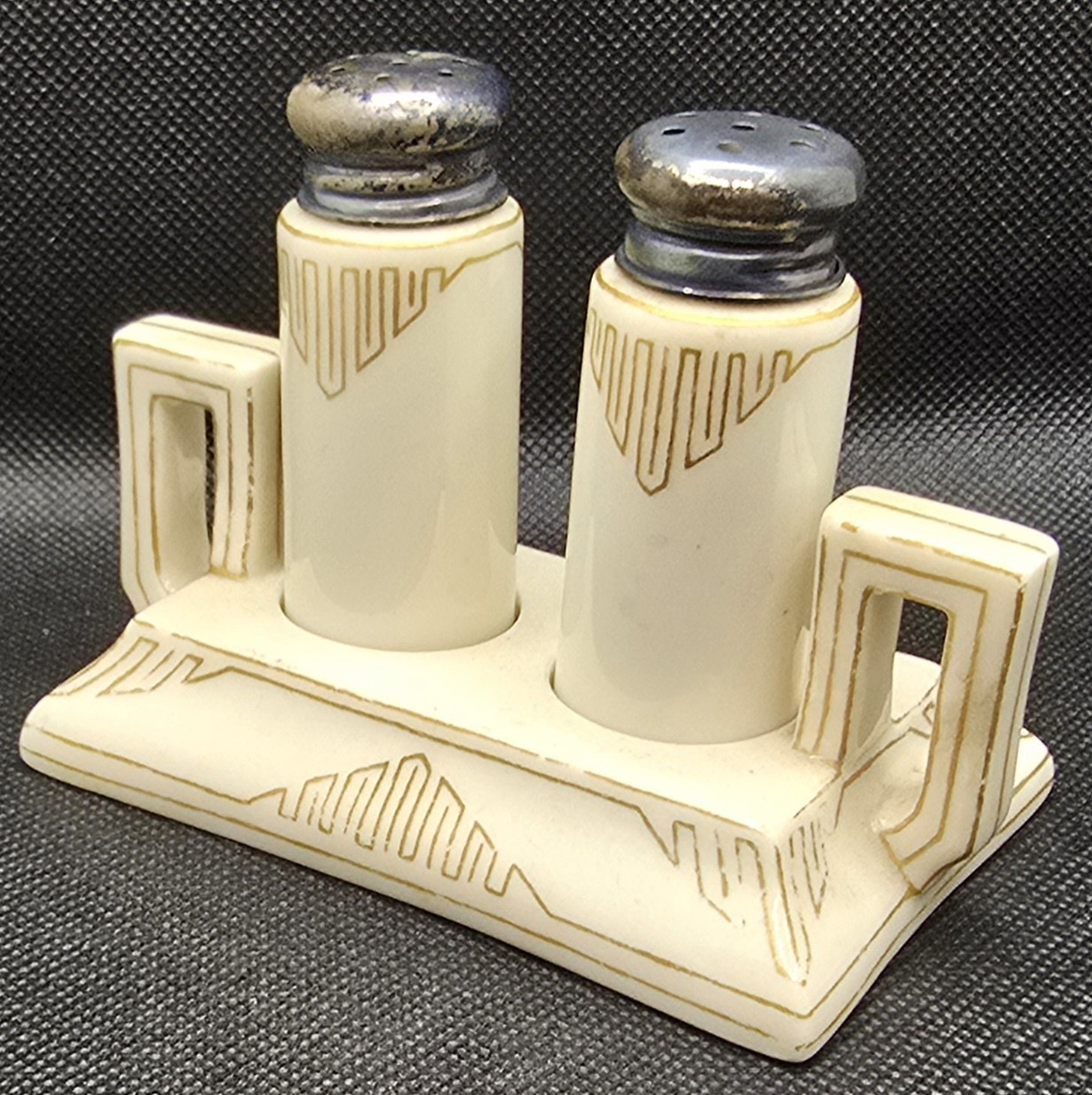 Antique 1906 Lenox Belleek Porcelain Salt & Pepper Shaker Set w/ Stand Art Deco