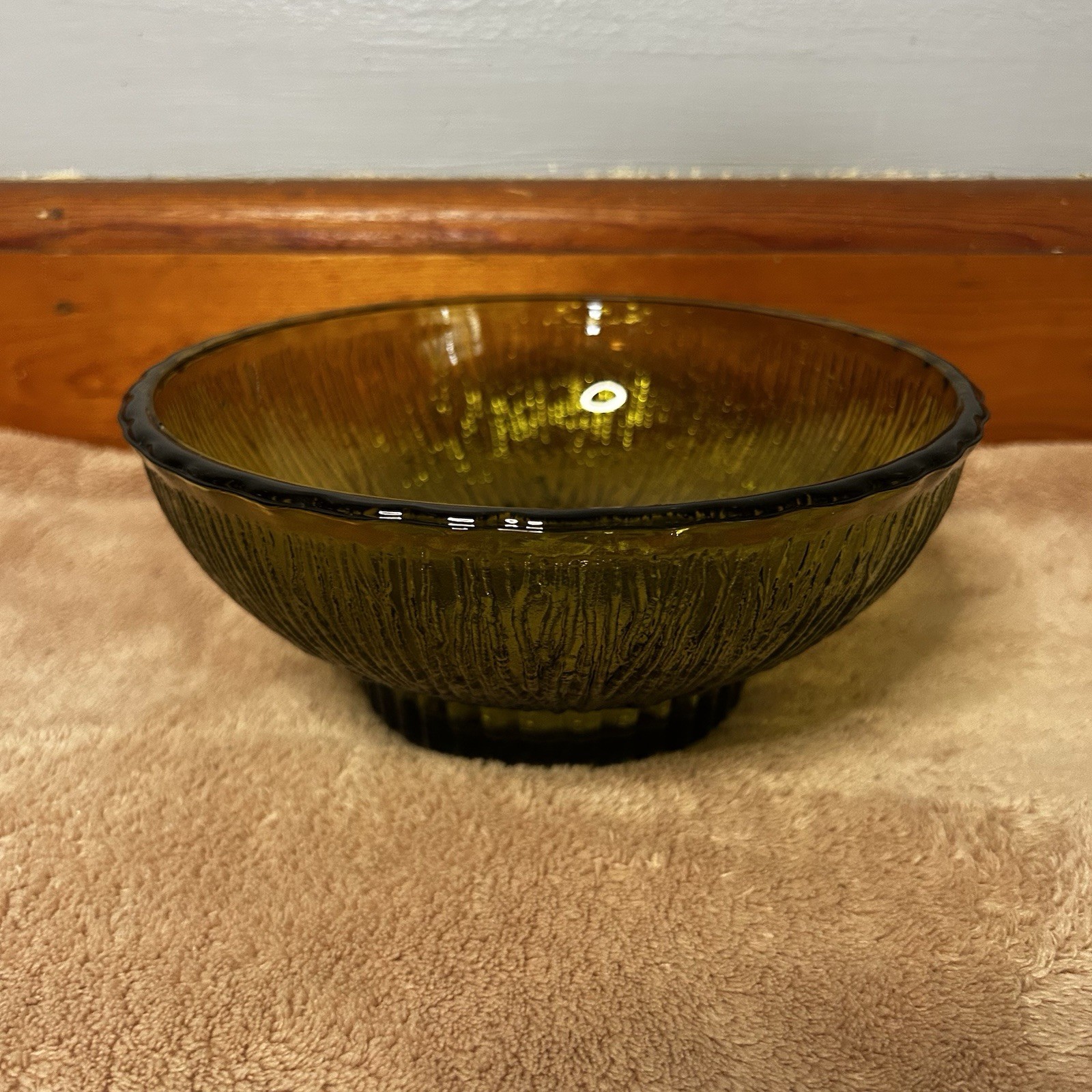Vintage 1975 FTD Green Glass Footed Bowl Green Glass Ridges 6.75″ Diameter
