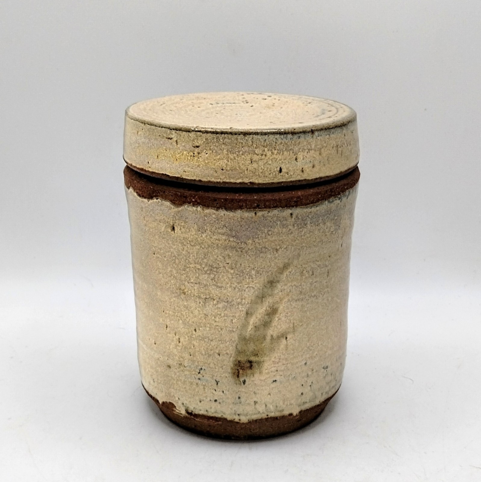 Vintage Studio Pottery Lidded Stoneware Jar Crock Canister Cream 5″ Signed