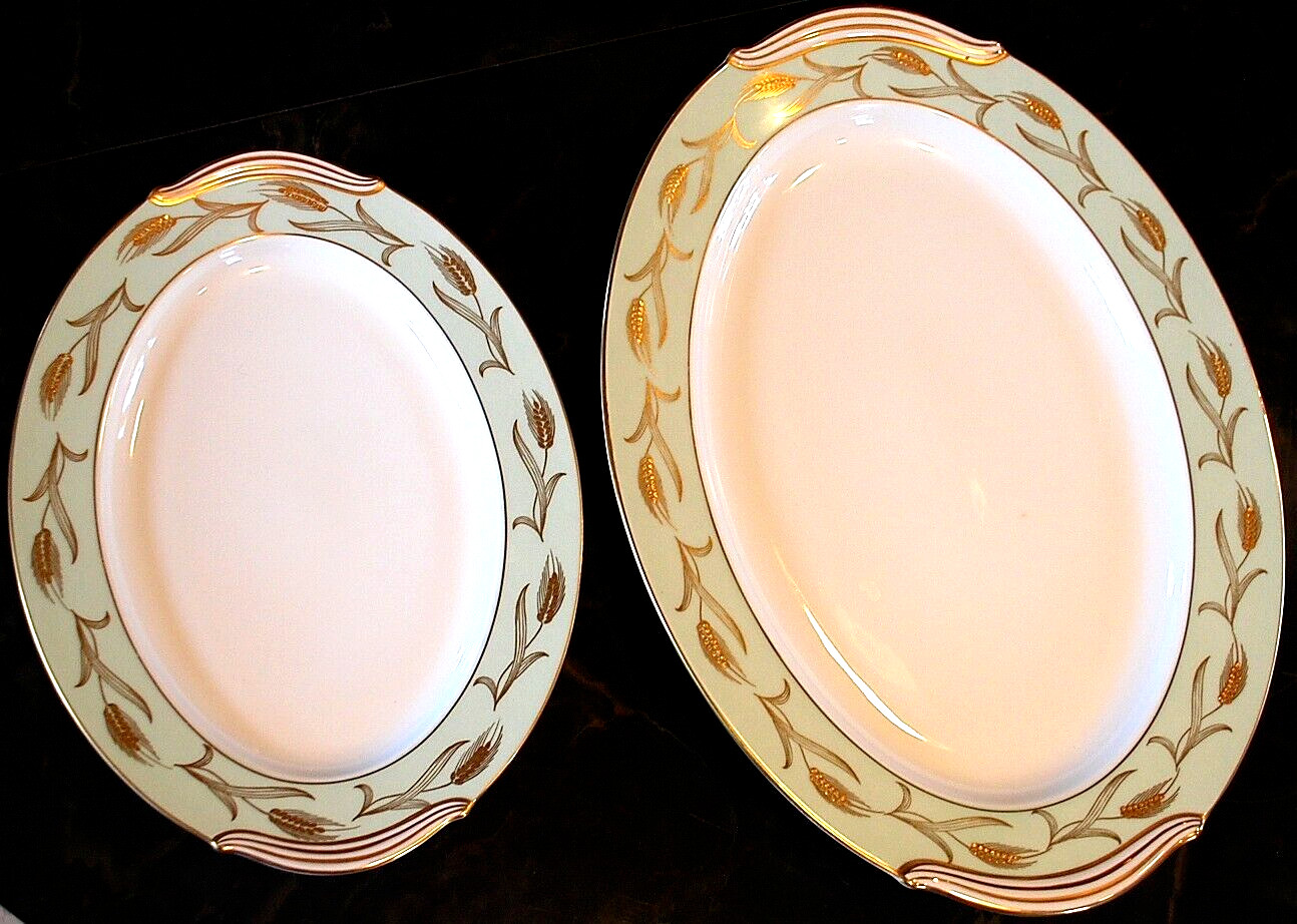 Set 2 Vintage Noritake ALICE Platters 16″ & 12″ GOLD WHEAT ON AQUA BAND c1951