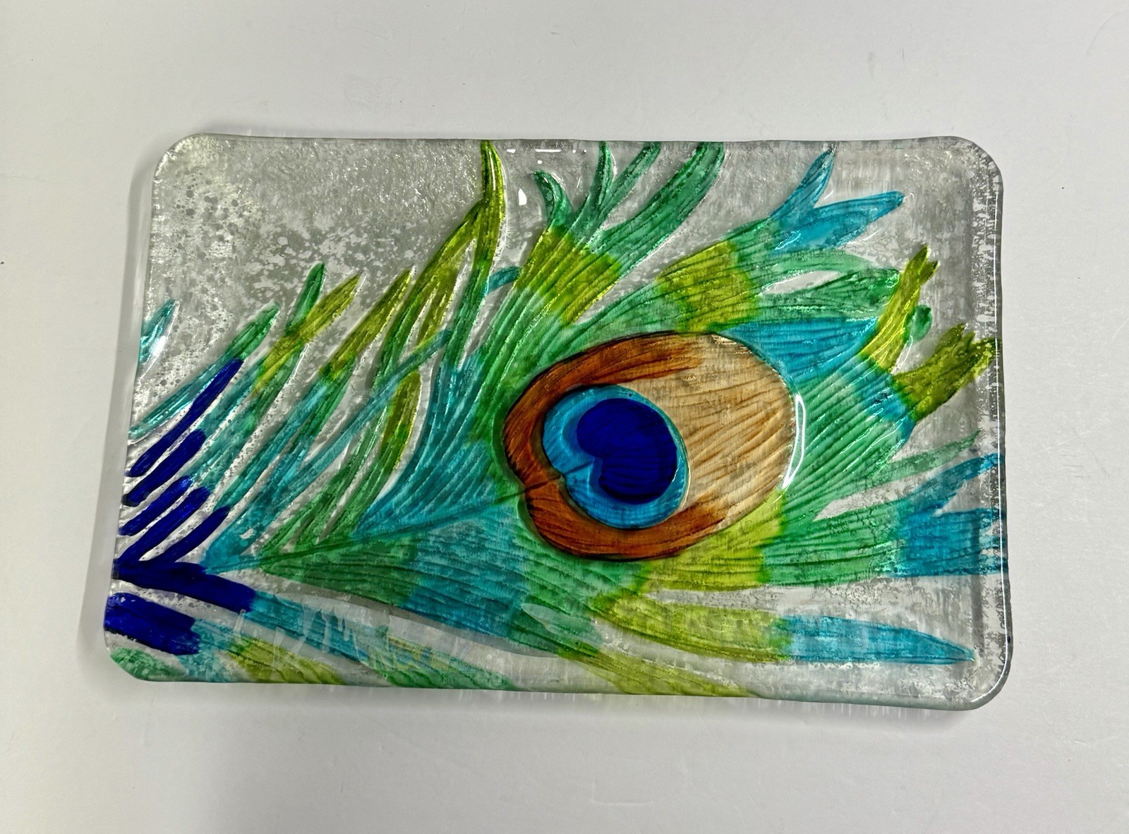 9 X 14” Fused Glass Peacock Feather Decorative Rectangular Platter Tray