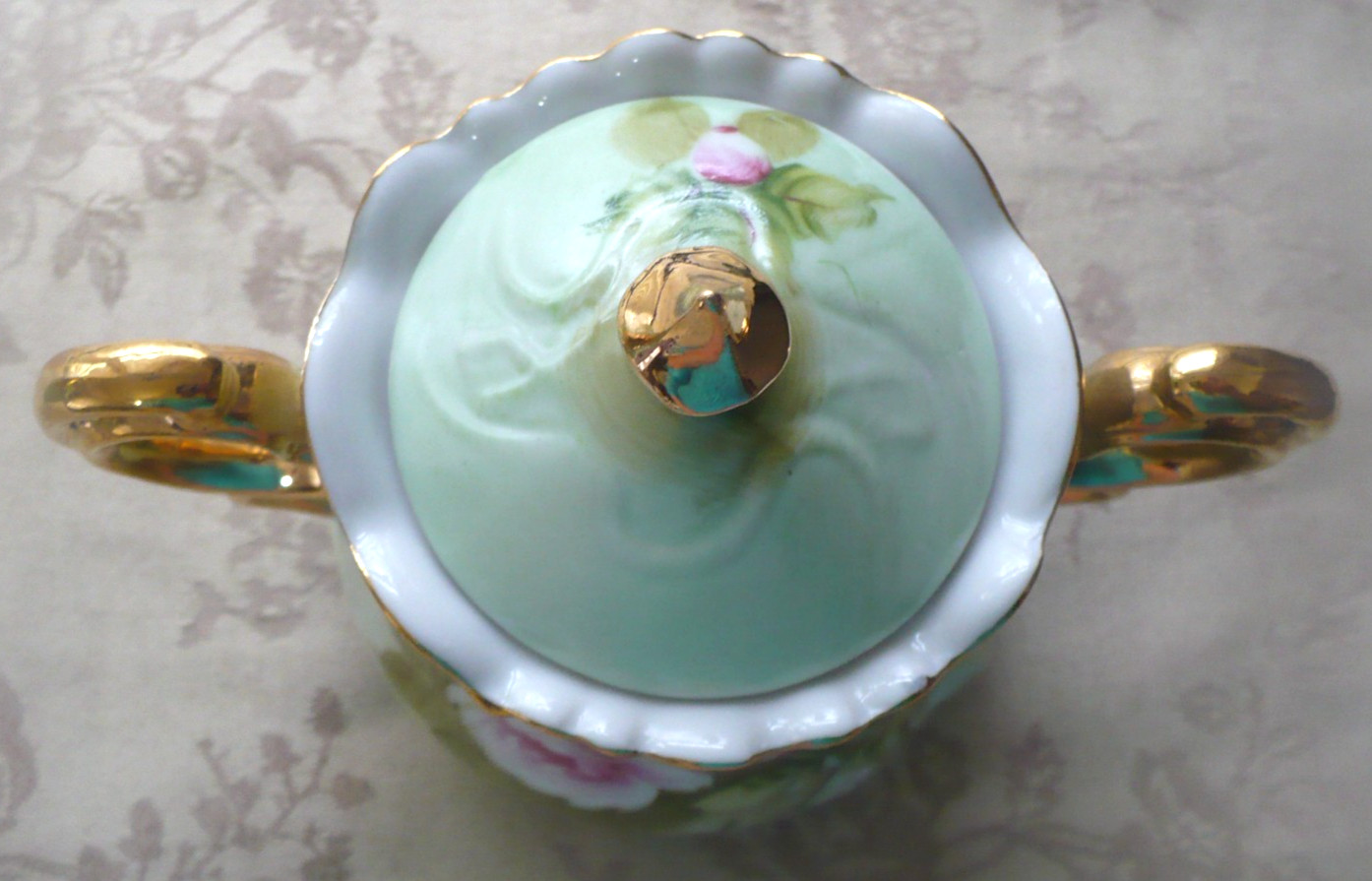 LEFTON CHINA GREEN HERITAGE ROSE ROUND TEAPOT CREAMER AND SUGAR BOWL 3 PC