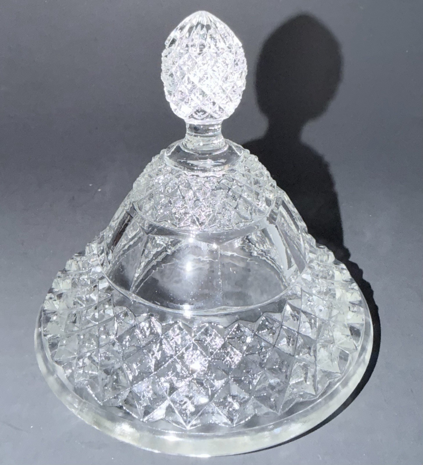 EAPG Clear Pressed Glass Covered Compote Diamond Fan Pineapple Finial UV365 Glow