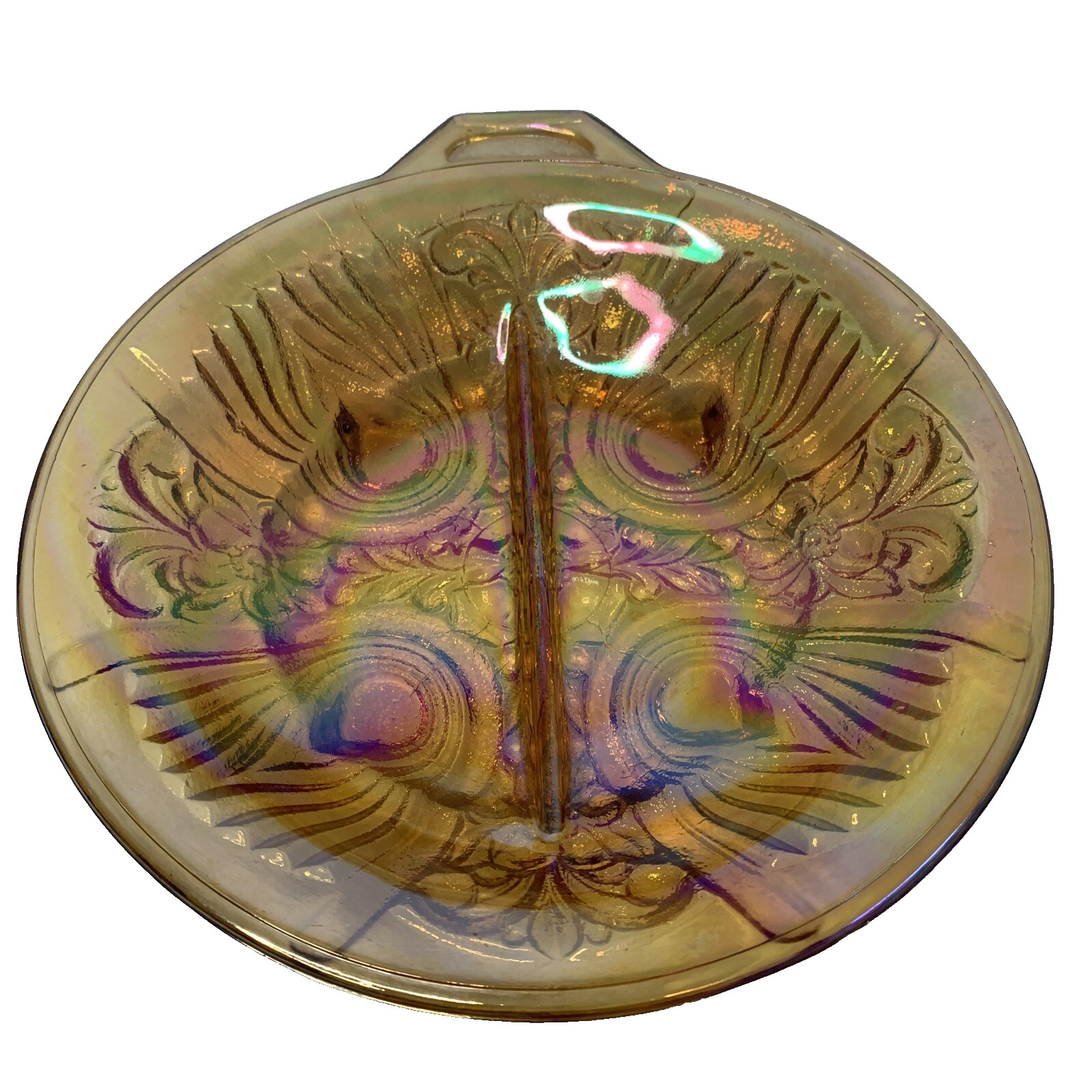 Vintage Indiana Carnival Glass Candy Dish 7.5″ Amber Iridescent Divided