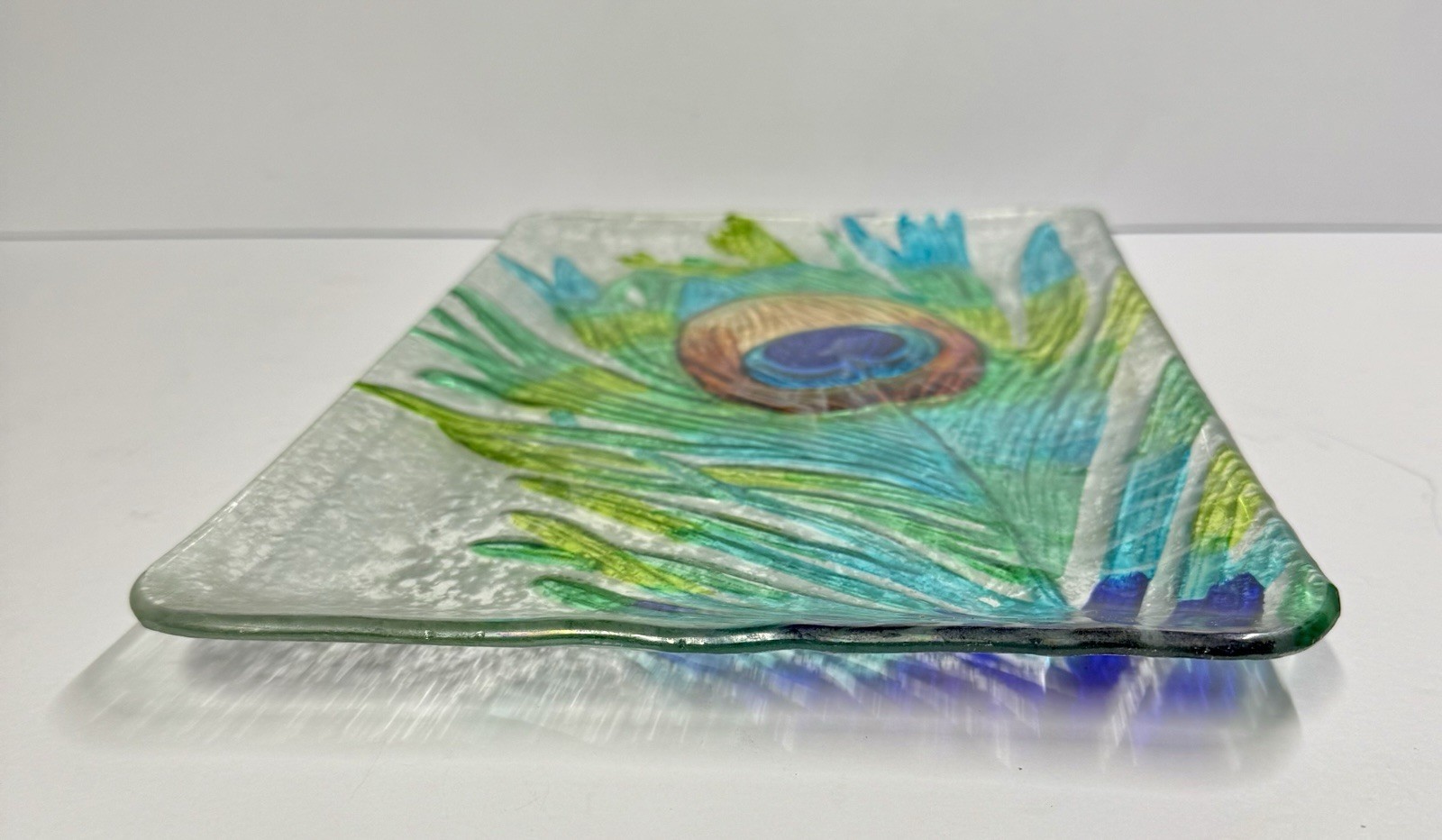 9 X 14” Fused Glass Peacock Feather Decorative Rectangular Platter Tray