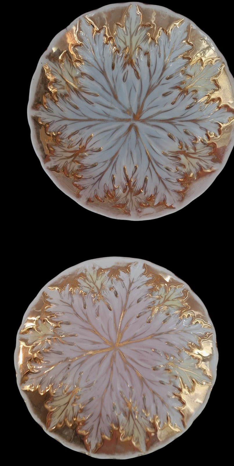 4 Antique Porcelain Shallow Bowls in Relief-Molded Leaf Design With Gold