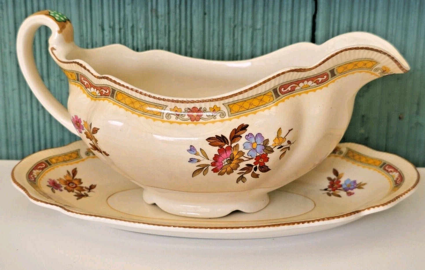 Gravy Boat & Plate Old Staffordshire Pareek Rouen By Johnson Bros 1920s Antique