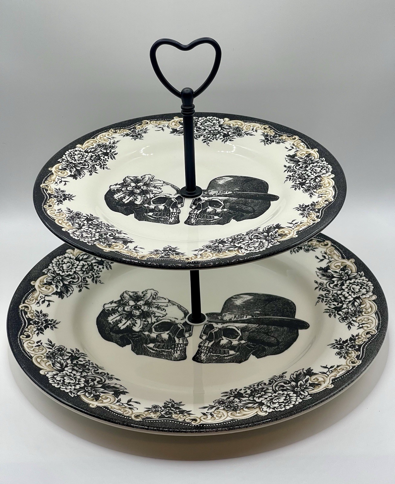 Royal Stafford Halloween Gothic Skull Couple 2 Tier Serving Tray Stand Handmade