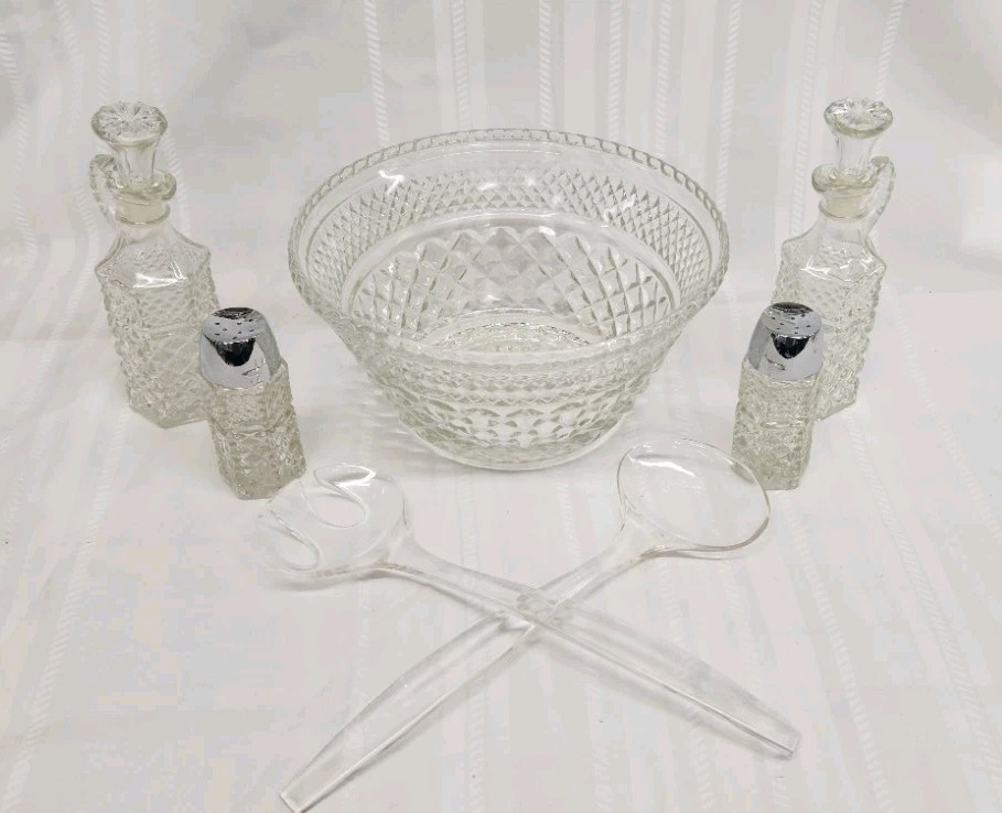 Vintage 1974 Anchor Hocking Wexford 9 Pc Salad Maker Set Glass Bowl Cruets MIB