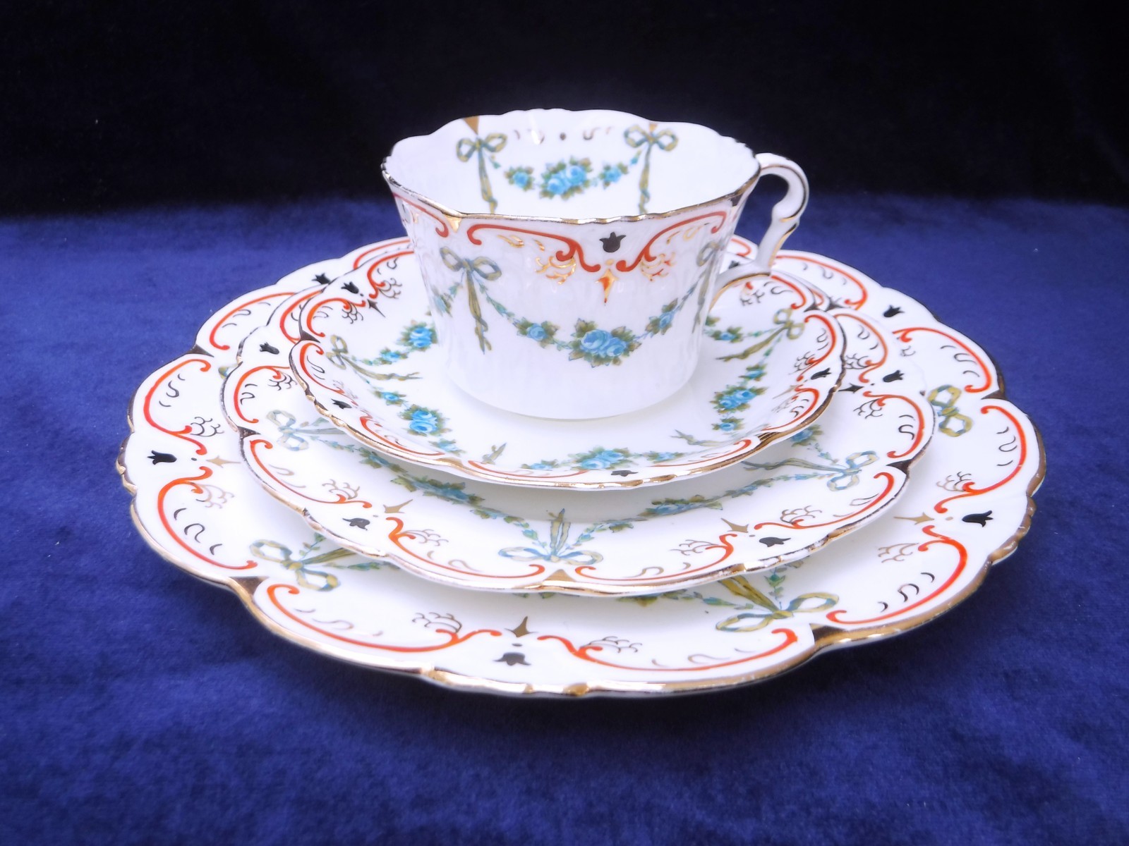 Collingwood Turquoise Ribbons, Bows & Swags of Roses Edwardian Tea Trio with